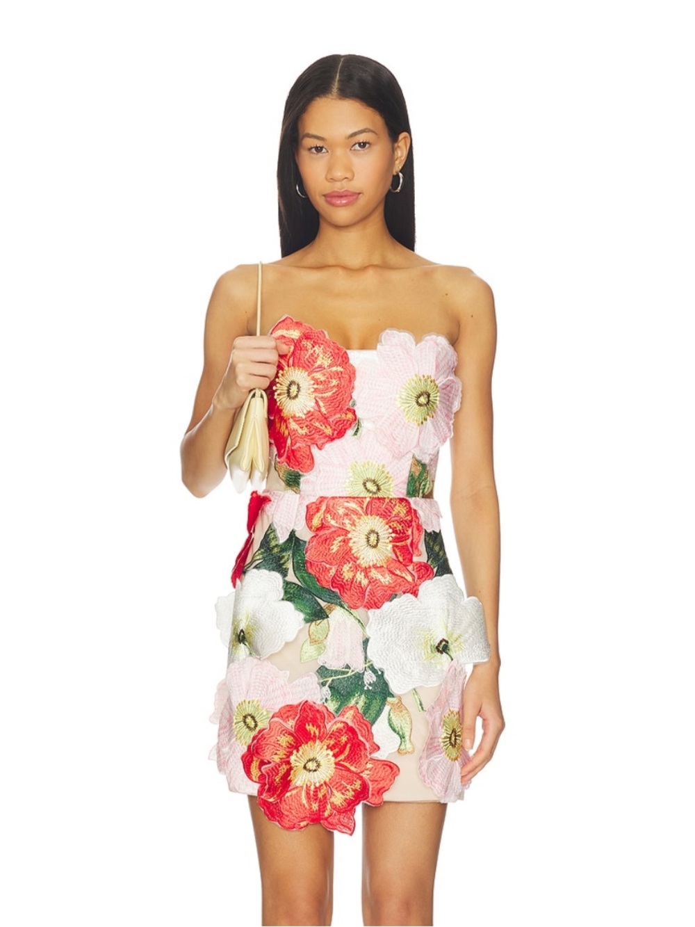 Strapless Floral Appliqué Mini Dress - Pink & Red